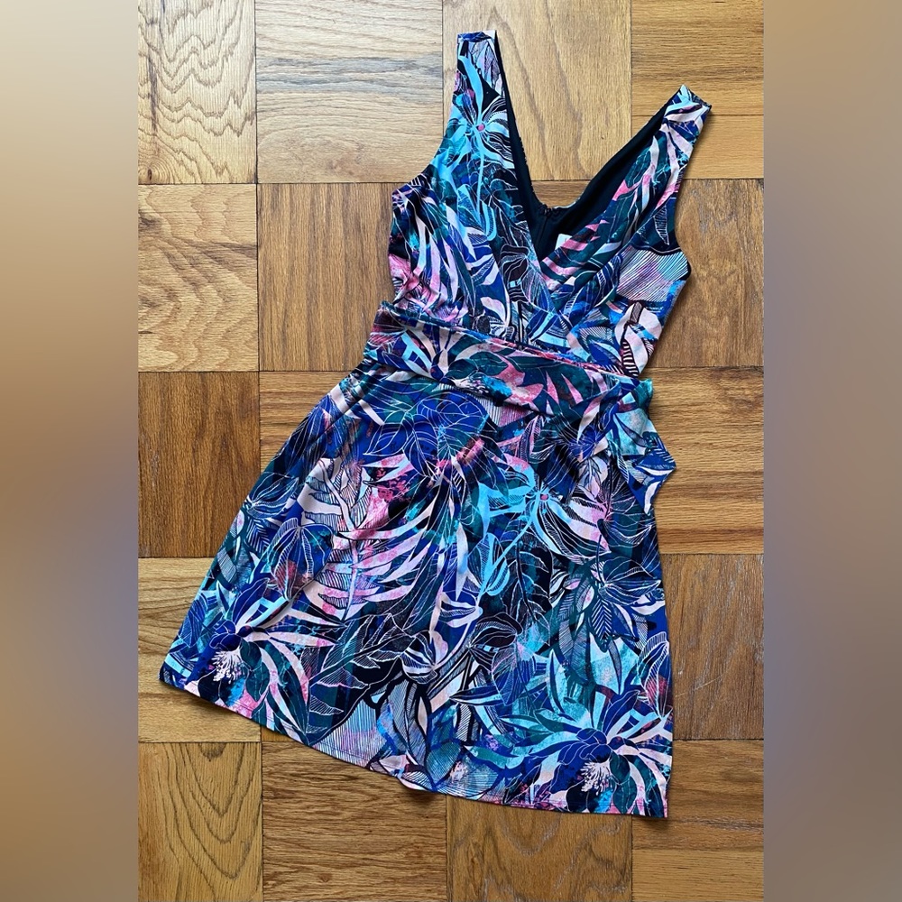 Nicole Miller Studio Tropical Blue & Pink V Neck Tank Dress Sz 2